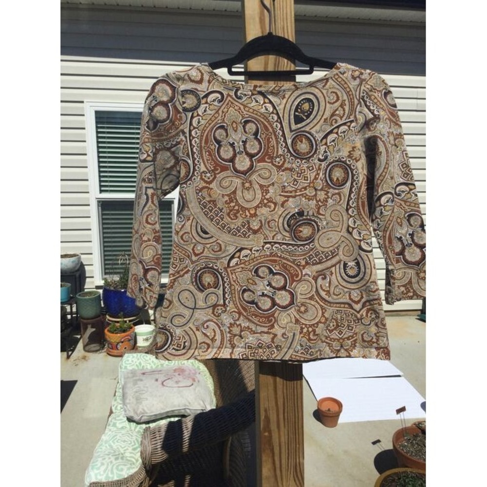 Talbots Women 3/4 Sleeve Boat Neck Cotton Top S Brown Paisley Fall Boho 90s Work